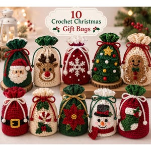 Può includere: Un set di 10 sacchetti regalo natalizi all'uncinetto con disegni festivi tra cui Babbo Natale, una renna, un fiocco di neve, un albero di Natale, un omino di pan di zenzero, un bastoncino di zucchero, una stella di Natale, un pupazzo di neve e una calza.