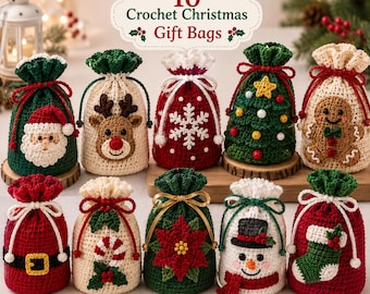 10 Christmas Crochet Gift Bag Pattern Bundle PDF, Santa Reindeer Snowman Tree Gingerbread Drawstring Bags, Holiday Treat Bag