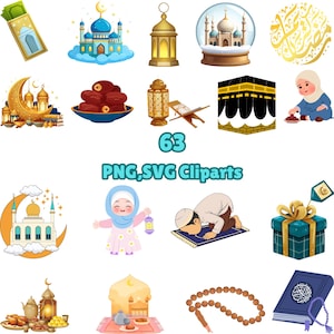 Ramadan Mubarak Clipart Bundle, 63 Islamic PNG SVG, Kids Eid Stickers, Mosque Lantern Quran Graphics for Cricut, Digital Download