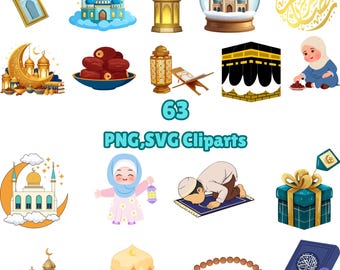 Ramadan Mubarak Clipart Bundle, 63 islamische PNG SVG, Kinder Eid Aufkleber, Moschee Laterne Koran Grafiken für Cricut, digitaler Download