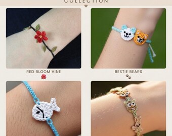 Gehäkelte Armband Muster PDF, gehäkelter Schmuck, Blumenranke, Bär, Fisch, Waldtier Armbänder, DIY niedliches Armband