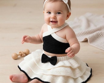 Babykleid Häkelmuster PDF, Gestufte Rüschenrock & Neckholder Top Set, Outfit Pattern mit Stirnband, einfaches Häkelkleid 0-24 Monate