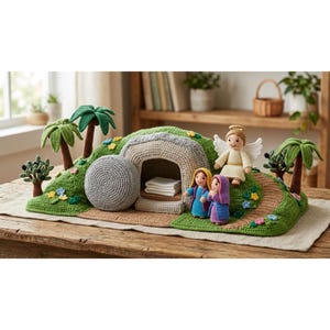 May include: A crochet display featuring a green hill with a stone-colored tomb entrance, a round gray stone, and white folded fabric inside. The scene includes three small crochet figures, an angel with wings, and several palm trees.