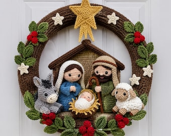 Crochet Nativity Christmas Wreath Pattern PDF | Amigurumi Holy Family Door Wreath | Mary Joseph Baby Jesus Donkey Sheep Decor