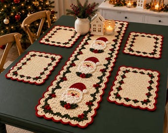 Crochet Christmas Table Runner & Placemat Pattern PDF, Santa Holiday Decor