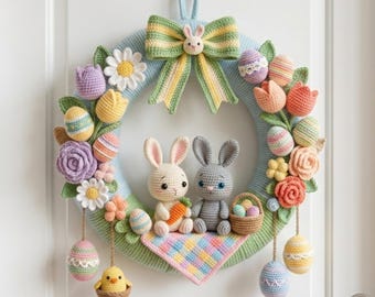 Ghirlanda pasquale all'uncinetto fatta a mano - Appendino per porta con coniglietto a quadretti pastello - Decorazione da parete primaverile per la cameretta dei bambini - Ghirlanda estetica con fiori e pulcino