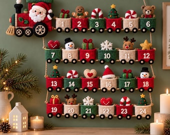 Crochet Christmas Train Advent Calendar Pattern, 24 Pocket Countdown Wall Hanging, Santa Amigurumi Holiday Decor PDF