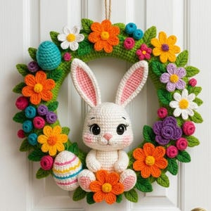 Osterhasenkranz Häkelanleitung, PDF, Amigurumi Tür Dekor, Frühlings Blumenmuster, niedlicher Kinderzimmer Wandbehang, digitaler Download