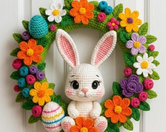 Osterhasenkranz Häkelanleitung, PDF, Amigurumi Tür Dekor, Frühlings Blumenmuster, niedlicher Kinderzimmer Wandbehang, digitaler Download