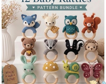 12 Baby Rattle Crochet Pattern Bundle | Amigurumi Animal Teething Ring Toys | Fox Deer Owl Bunny Mushroom Snail PDF