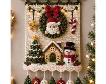 Crochet Christmas Wall Hanging Pattern, Santa Wreath Winter Decor, Snowman Tree House Holiday Crochet Pattern