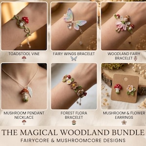 Könnte beinhalten: Eine Sammlung handgefertigter Schmuckstücke und Accessoires mit Waldthema. Enthält ein Fliegenpilz-Ranken-Armband, ein Feenflügel-Armband, ein Waldfeen-Armband, eine Pilz-Anhänger-Halskette, ein Waldblumen-Armband und Pilz- & Blumen-Ohrringe.