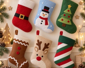 Felt Christmas Stocking Sewing Pattern Bundle, 6 Printable Templates, Santa Snowman Reindeer Gingerbread Holiday Ornaments PDF