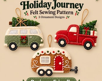 Christmas Road Trip Felt Ornament Pattern Bundle, Camper Van Truck Caravan Printable Templates, Beginner Hand Sewing PDF
