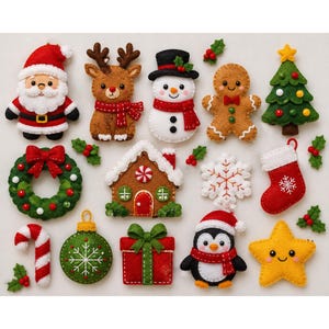 May include: A collection of felt Christmas ornaments including Santa Claus, a reindeer, a snowman, a gingerbread person, a tree, a wreath, a house, a snowflake, a stocking, a candy cane, a bauble, a gift, a penguin, and a star.