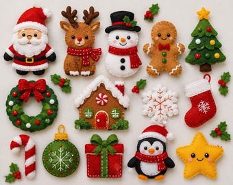Felt Christmas Ornament Pattern Bundle, 15 Beginner-Friendly Hand Sewing Designs with Printable Templates, Digital PDF