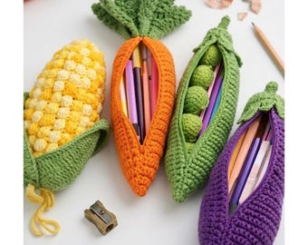 Gemüse Federmäppchen Muster Bundle - 4 in 1 PDF, Mais, Karotte, Erbsenschote, Aubergine Beutel, DIY Schulbedarf, Lebensmittel Muster