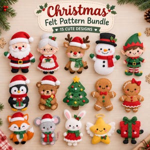 Pode incluir: Uma coleção digital intitulada Christmas Felt Pattern Bundle 15 CUTE DESIGNS apresentando quinze ornamentos de feltro individuais, incluindo o Papai Noel, a Mamãe Noel, uma rena, um boneco de neve, um elfo, um pinguim, um urso, uma árvore, figuras de pão de mel, uma raposa, um rato, um coelho, uma estrela e um presente.