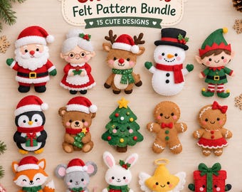 Felt Christmas Ornament Pattern Bundle, 15 Printable Sewing Templates, Santa Elf Reindeer Snowman Holiday Decor PDF