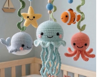 Baby Mobile Anleitung PDF, Meerestiere Krippen Dekor, Qualle Wal Oktopus Seestern, Unterwasser Kinderzimmer hängen, Nautisches Zimmer Dekor