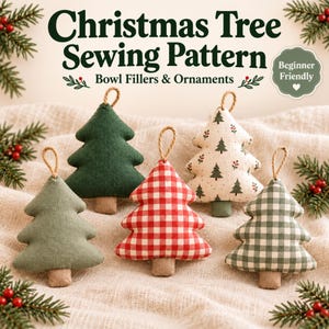 Puede incluir: Cinco adornos de árbol de Navidad de tela rellena con lazos de yute para colgar. Los árboles presentan colores verde oscuro sólido, verde salvia sólido, cuadros vichy rojos y blancos, cuadros vichy verdes y blancos, y tela crema con árboles.