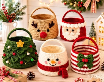 Christmas Crochet Basket Patterns Bundle, 5 Holiday Basket Designs, Santa Snowman Reindeer Tree PDF