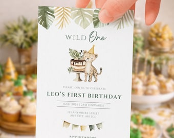 Wild One 1st Birthday Invite, Safari Birthday Digital Invitation, Jungle Party, Print at Home, Edit in Canva