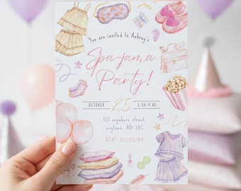 Pajama Party Invitation, Spa Party, Sleepover, Girls Birthday Invite, Editable Canva Template (Digital Download)