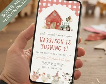 Farm Animal 2nd Birthday Invitation, Barnyard Party, Canva Template (Digital Download)
