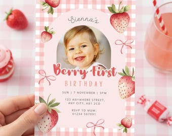 Berry First Birthday Invitations, Editable Photo 1st Birthday Invites, Strawberry Party, Print at Home