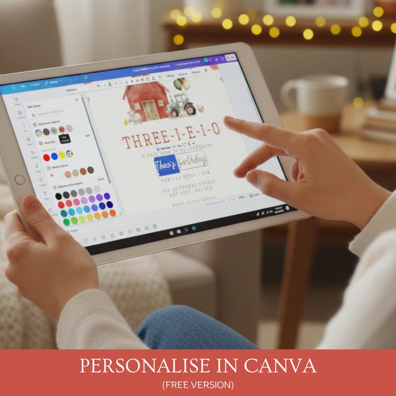 May include: A tablet screen showing a birthday invitation design with a red barn, green tractor, and farm animals. The invitation reads "THREE-I-E-1-0" and "This's Birthday". The screen displays a design interface with colour options. Text at the bottom says "PERSONALISE IN CANVA".
