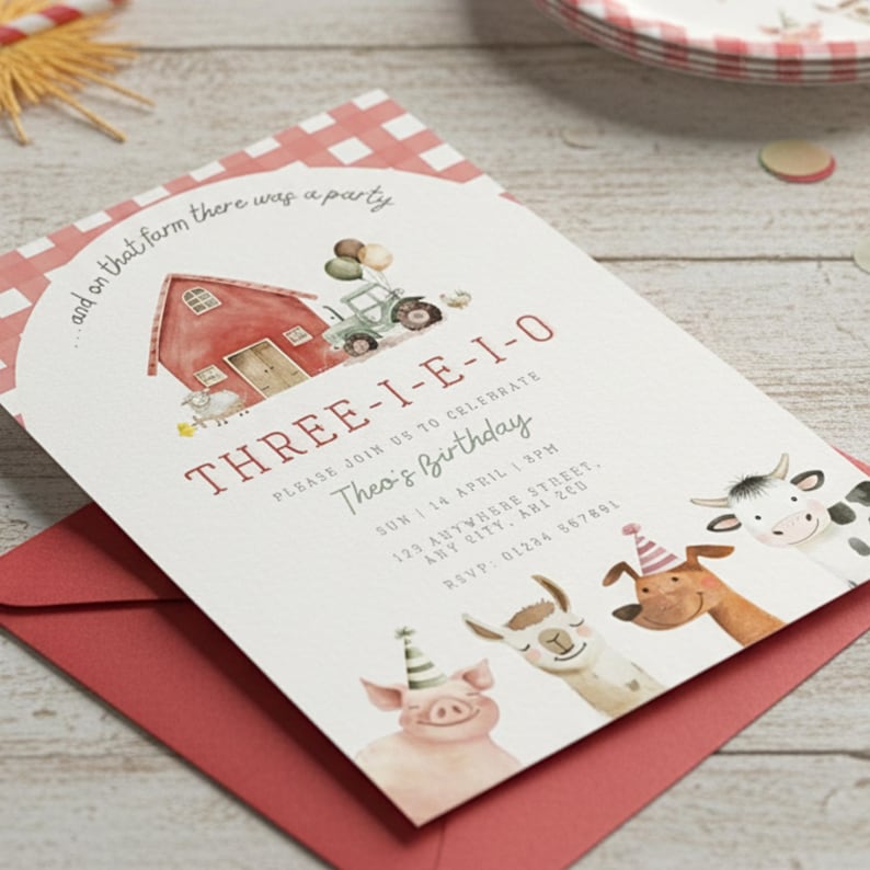 May include: A birthday invitation with a red and white gingham pattern. The card features a watercolour illustration of a red barn, tractor, and farm animals. Text reads "THREE-I-E-I-O" and "Theo's Birthday". The invitation is on a red envelope.
