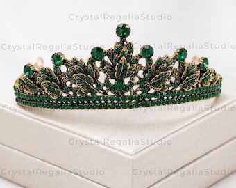 Emerald Green Crystal Tiara, Antique Gold Floral Bridal Crown, Vintage Wedding Prom Pageant