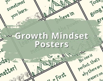 May include: A set of Growth Mindset Posters with inspirational quotes and illustrations. The posters display phrases such as "You win, sometimes you learn" and "No one is perfect." The colour scheme is cream and green.