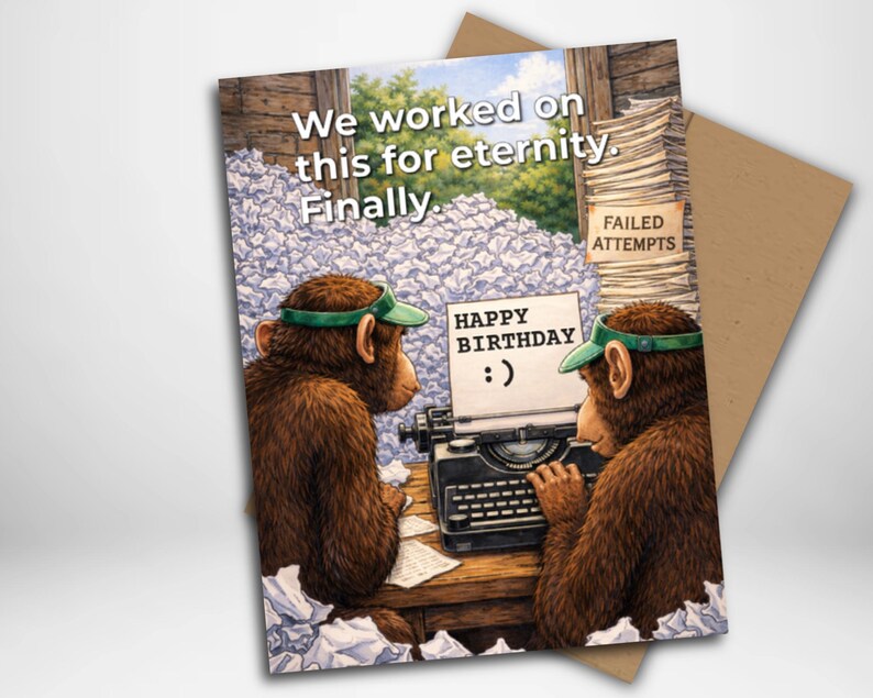 Funny Monkey Typewriter Card – Infinite Monkey Theory Humor – Offbeat ...
