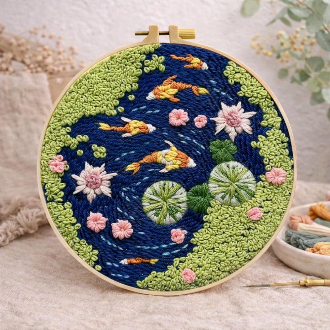 Koi Pond Embroidery Kit | DIY Water Garden Hoop Art on Stand | Calm ...