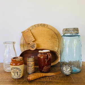 Vintage Sheffield Bread board - Mason Jar - Creamery Crock - Crock - Wooden spoons
