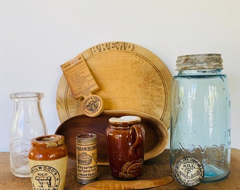 Vintage Sheffield Bread board - Mason Jar - Creamery Crock - Crock - Wooden spoons