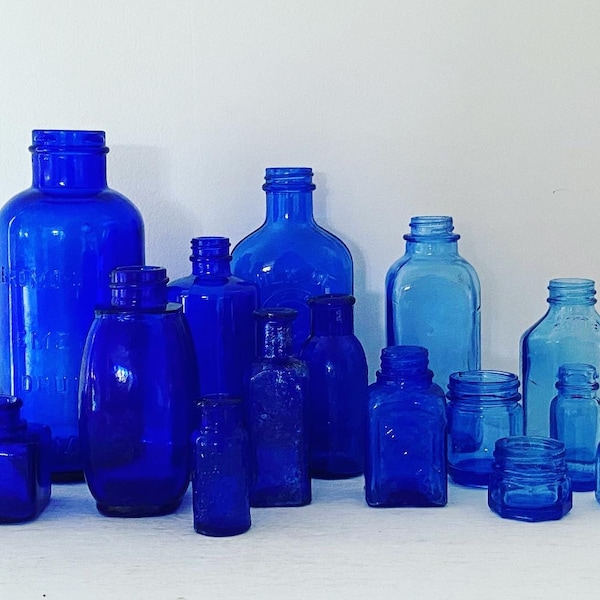 Set of 5 vintage deep cobalt blue medical bottles