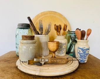 Vintage Sheffield Bread board - Mason Jar - Creamery Crock - Crock - Wooden spoons