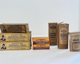 Antique / Vintage apothecary  Bottle with  original label / tin containers