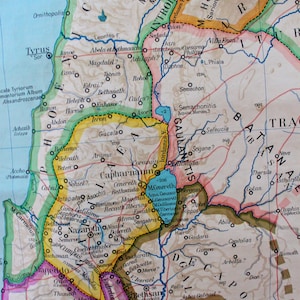 Mappa antica della Palestina con retro in lino d'epoca
