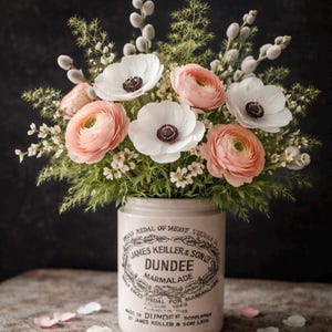 May include: A floral arrangement featuring white anemones and peach-colored ranunculus in a vintage Dundee Marmalade jar. The arrangement includes greenery and pussy willow branches. Scattered petals add a delicate touch.