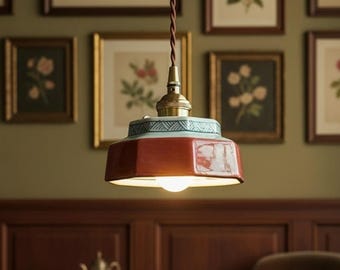 Vintage Hand-Painted Ceramic Pendant Light with Copper