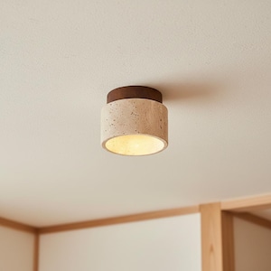 May include: A cylindrical ceiling light fixture with a speckled beige body and a dark brown top. The light emits a warm glow from within. The fixture is mounted on a white ceiling, showcasing a minimalist design.