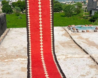 Handmade Runner Rug, Red Black Hallway Rug, Wool Jute Runner, Farmhouse Runner Rug, Entryway Carpet, Boho Floor Runner