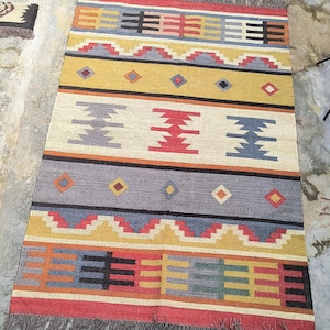 Handmade Kilim Jute Rug Vintage Rug Traditional Wool Jute Rug Handwoven Rug Hallway Kilim Rug Accent Aztec Floor Rug Home Decor Rug
