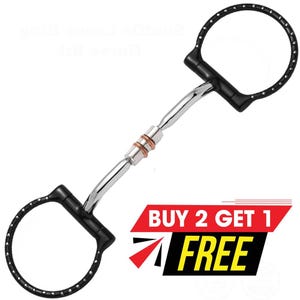 May include: A black and silver horse bit with a copper centre piece. The bit has a ring on each end with small silver studs. The image includes the text "BUY 2 GET 1 FREE" in red, black, and yellow.