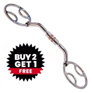 May include: A stainless steel horse bit with oval rings and a copper roller in the center. The bit is curved and has a swivel design. A black and red starburst graphic with the text "BUY 2 GET 1 FREE" is in the image.
