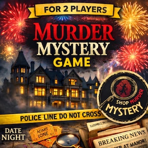 May include: A digital download for a murder mystery game, featuring a mansion, fireworks, and the text "Murder Mystery Game." Includes "Police Line Do Not Cross" tape and "Murder at the Manor."